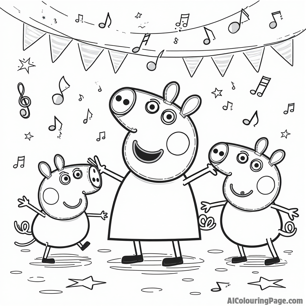 Peppa Pig leading a dance party with her friends, surrounded by colorful musical notes and bright decorations everywhere.