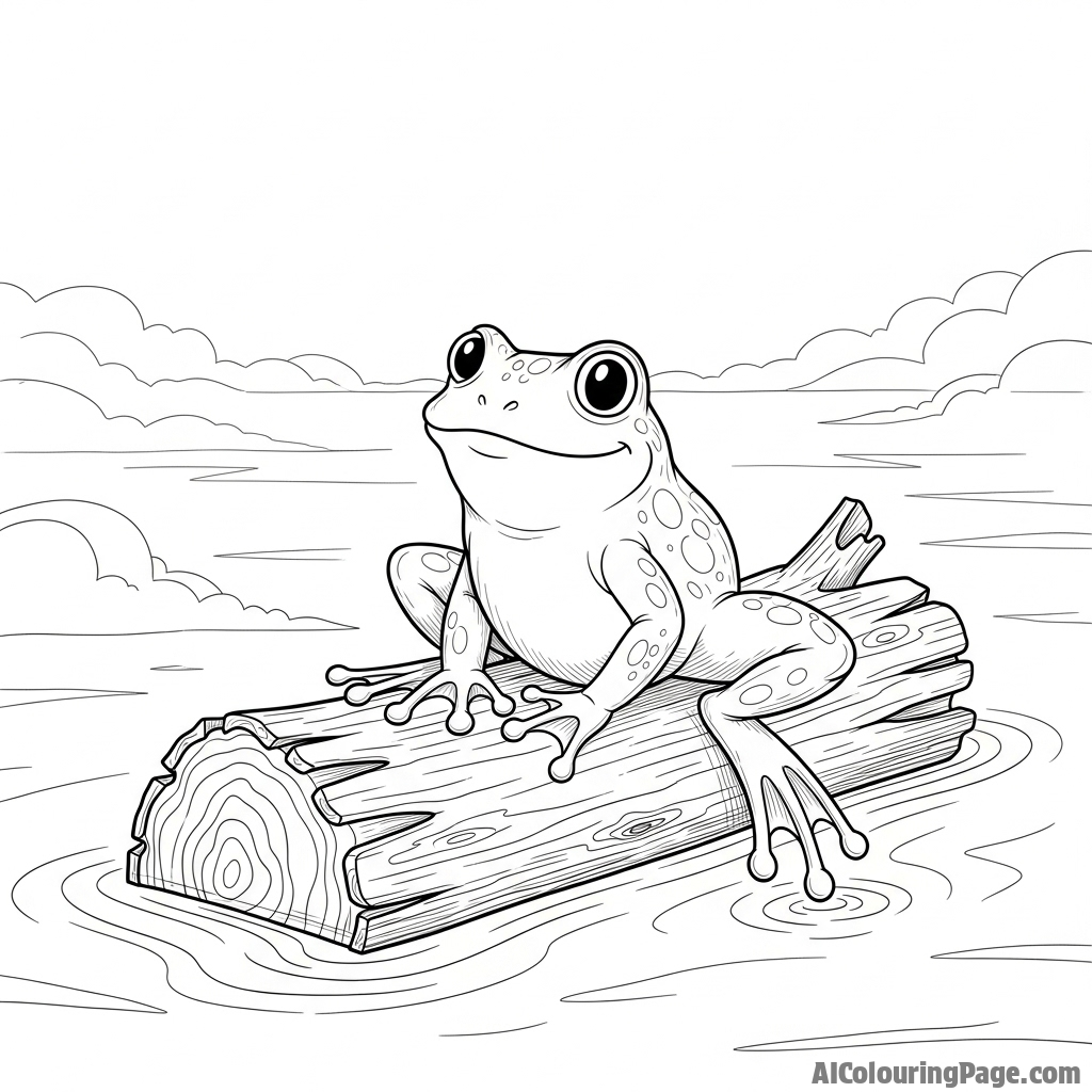 A frog sitting on a floating log in a vast, misty body of water.