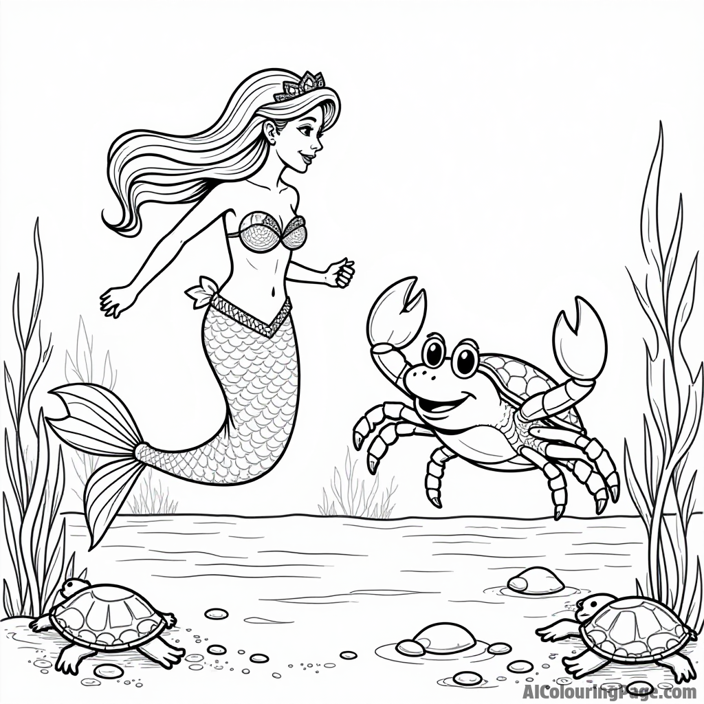 A mermaid and a crab having a race, with sea turtles cheering them on from the sidelines of the ocean floor.