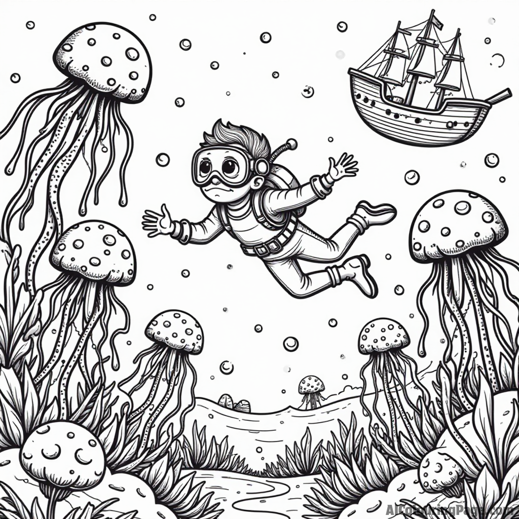 A diver surrounded by colorful jellyfish, with a sunken ship in the background, creating a mysterious underwater adventure that invites kids to unleash their creativity.