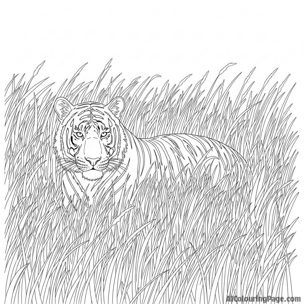 A tiger camouflaged amongst the tall, dry grasses of the savanna.