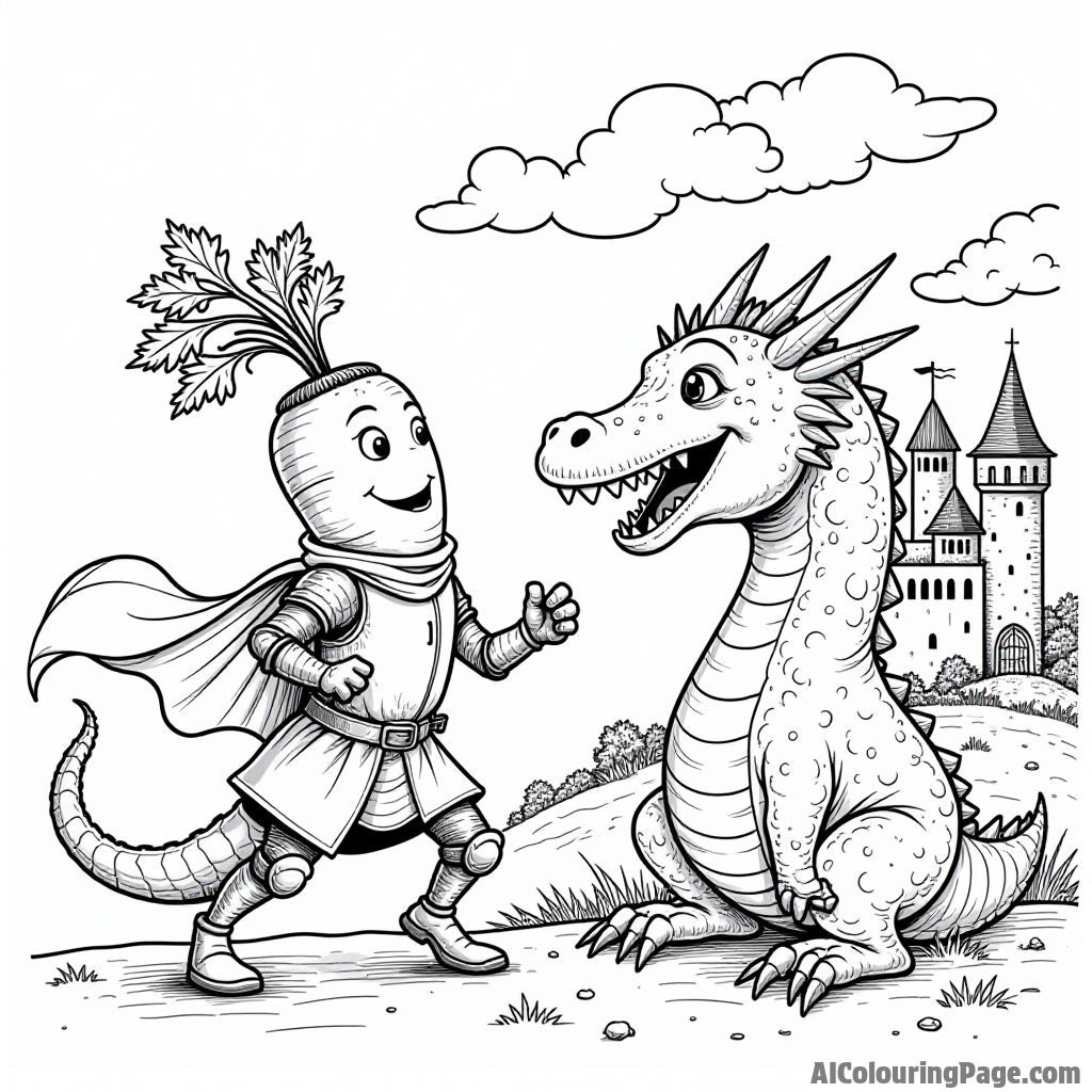 An adventurous carrot knight battling a dragon made of broccoli, with a castle in the background and whimsical clouds above.