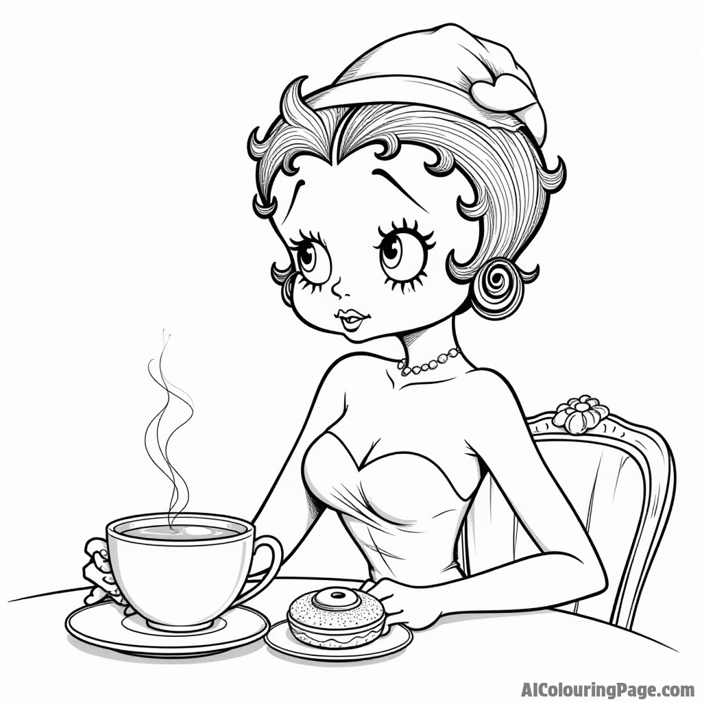 Betty Boop in a stylish hat sitting at a cafe table with a steaming cup of coffee and a charming pastry