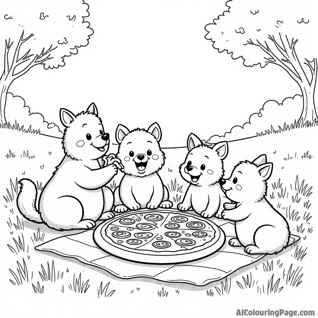 A group of happy animals having a pizza picnic in a meadow, with a big pizza in the center, enjoying their feast.