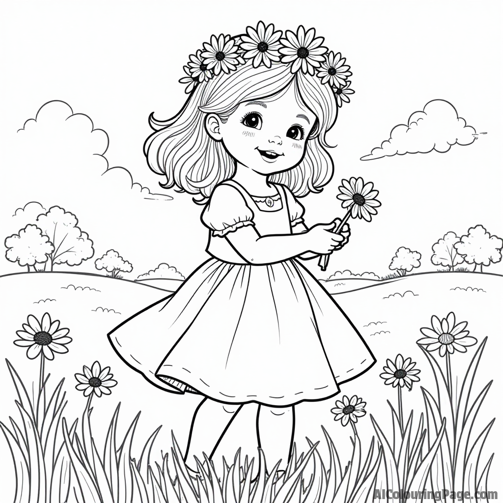 A sweet little girl in a flower crown, picking daisies in a sunny field, enjoying a playful day in nature.