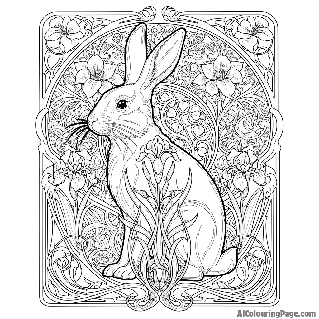An Art Nouveau illustration of a rabbit surrounded by flowing, organic patterns.