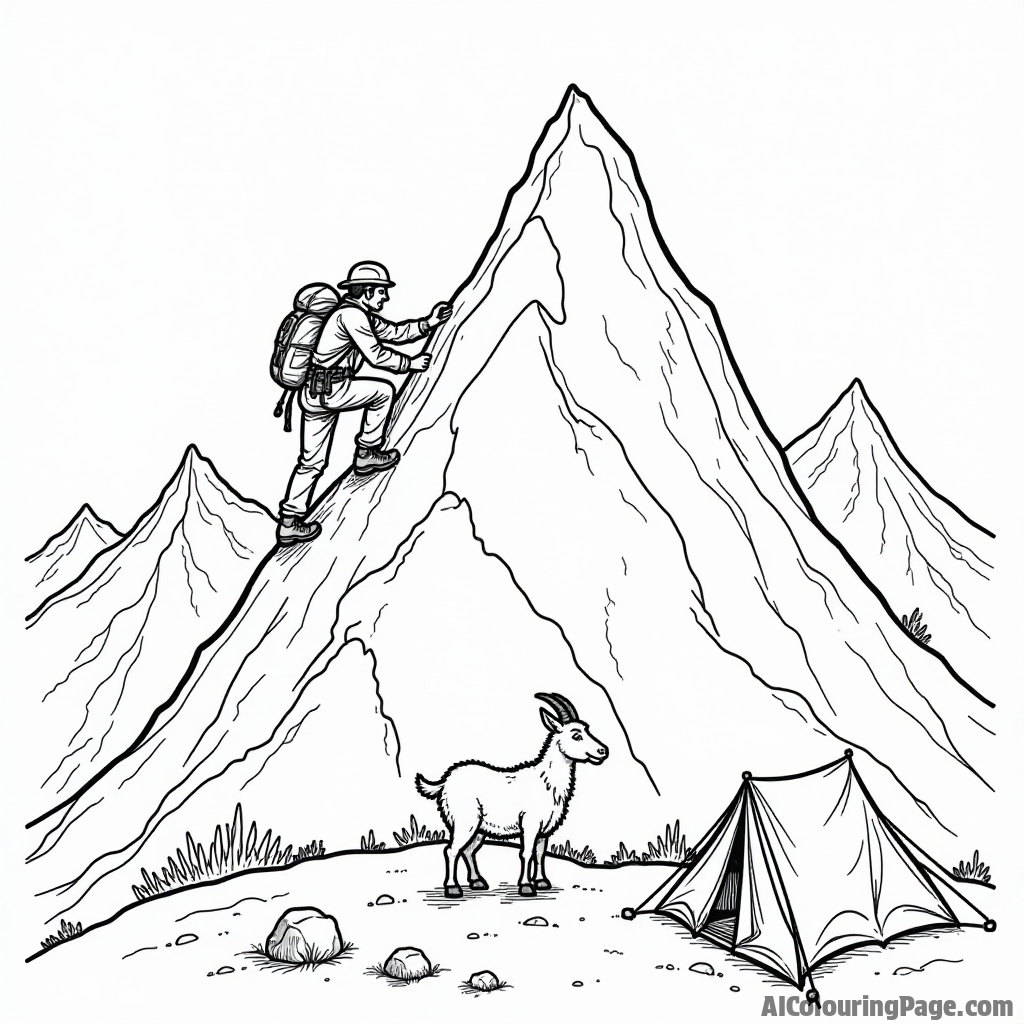 A brave mountain climber scaling a tall peak, with a friendly mountain goat watching nearby, and a colorful tent set up at the base, all in a black and white style.