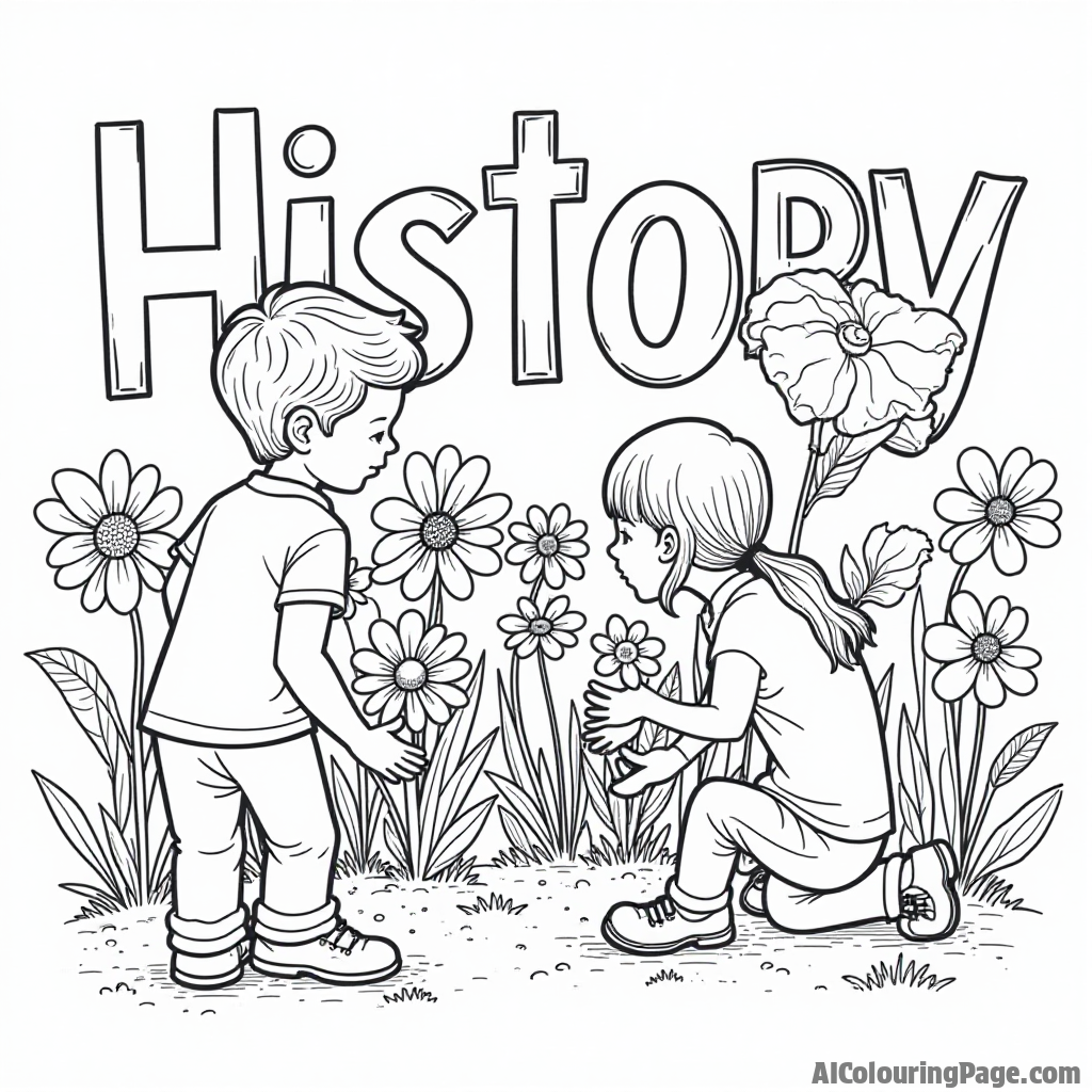 An engaging scene of kids planting a garden that spells out "History," with different flowers representing various presidents, encouraging creativity and learning about the past.