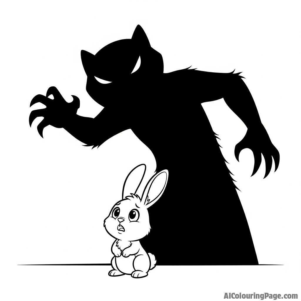 A single, small bunny facing a massive, looming shadow of a predator.