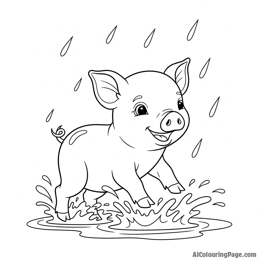 A watercolor painting of a piglet splashing in the rain.