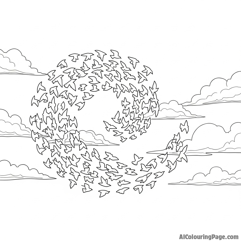 A flock of birds creating a dynamic, swirling pattern in the sky at dusk
