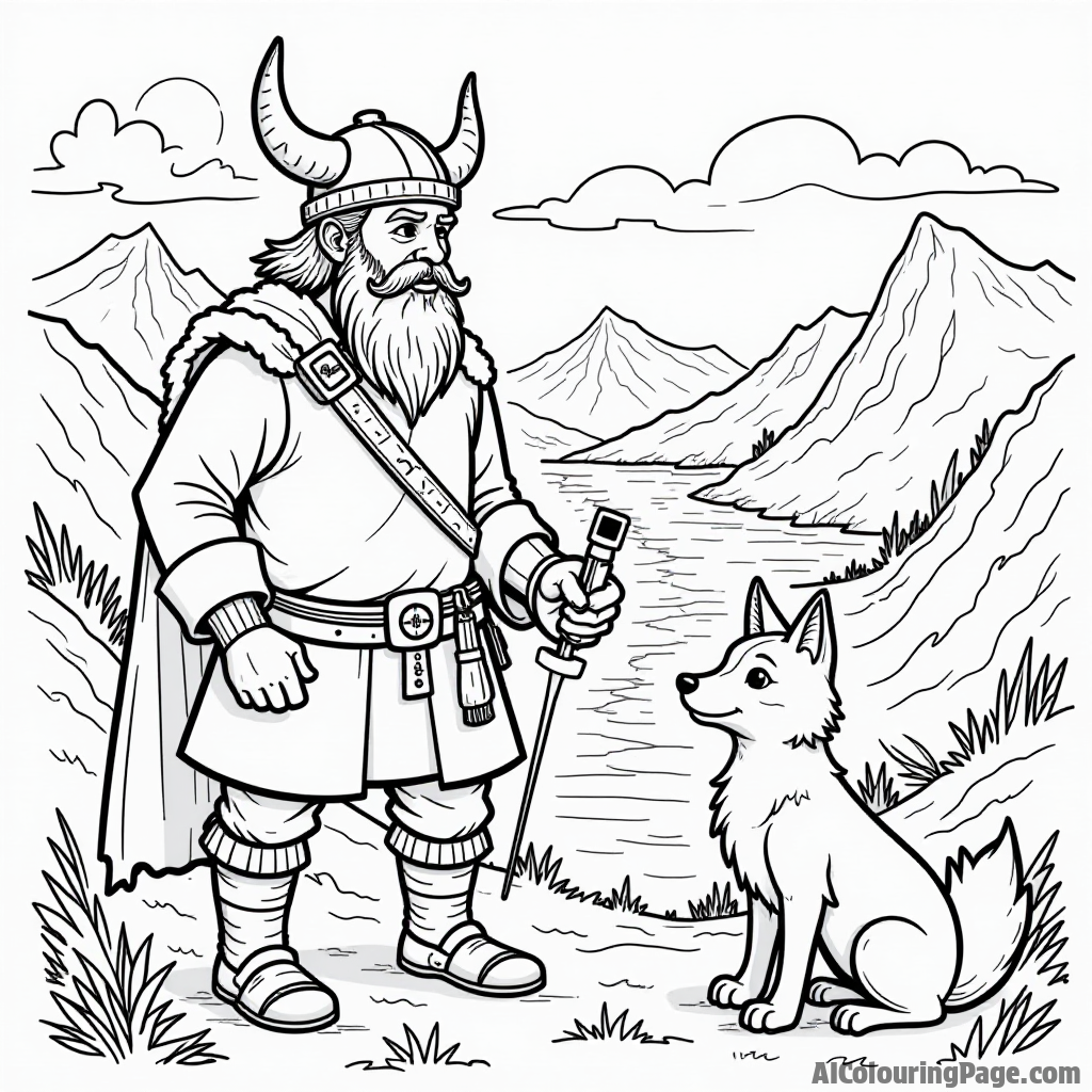 A Viking explorer discovering a new land, with mountains and rivers in the background, alongside a compass and a friendly fox, inspiring adventure and discovery for kids to color.