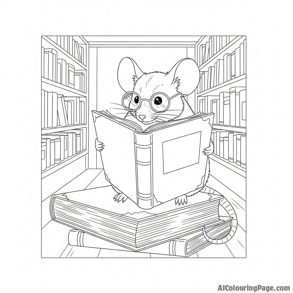 A scholarly mouse with spectacles, reading a giant, dusty book in a dimly lit library.