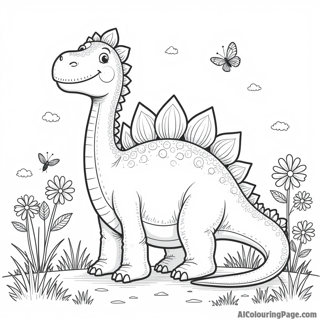 A smiling stegosaurus relaxing in a sunny meadow surrounded by blooming flowers and fluttering insects buzzing around.