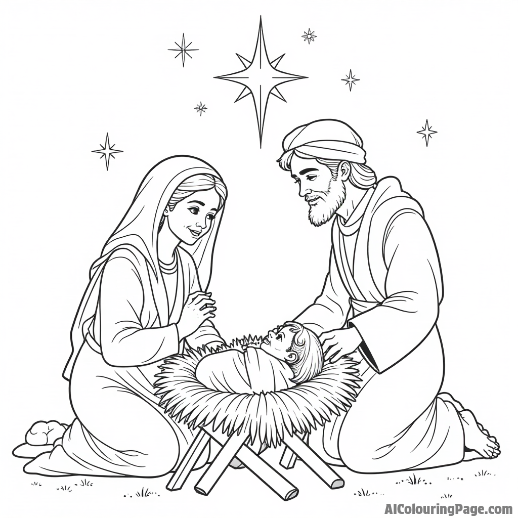 The Nativity scene featuring baby Jesus in a manger, Mary and Joseph looking lovingly, with stars shining brightly above.