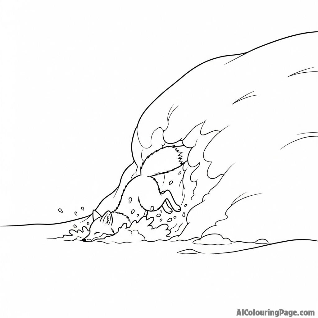 A lone fox pouncing headfirst into a deep drift of powdery snow.