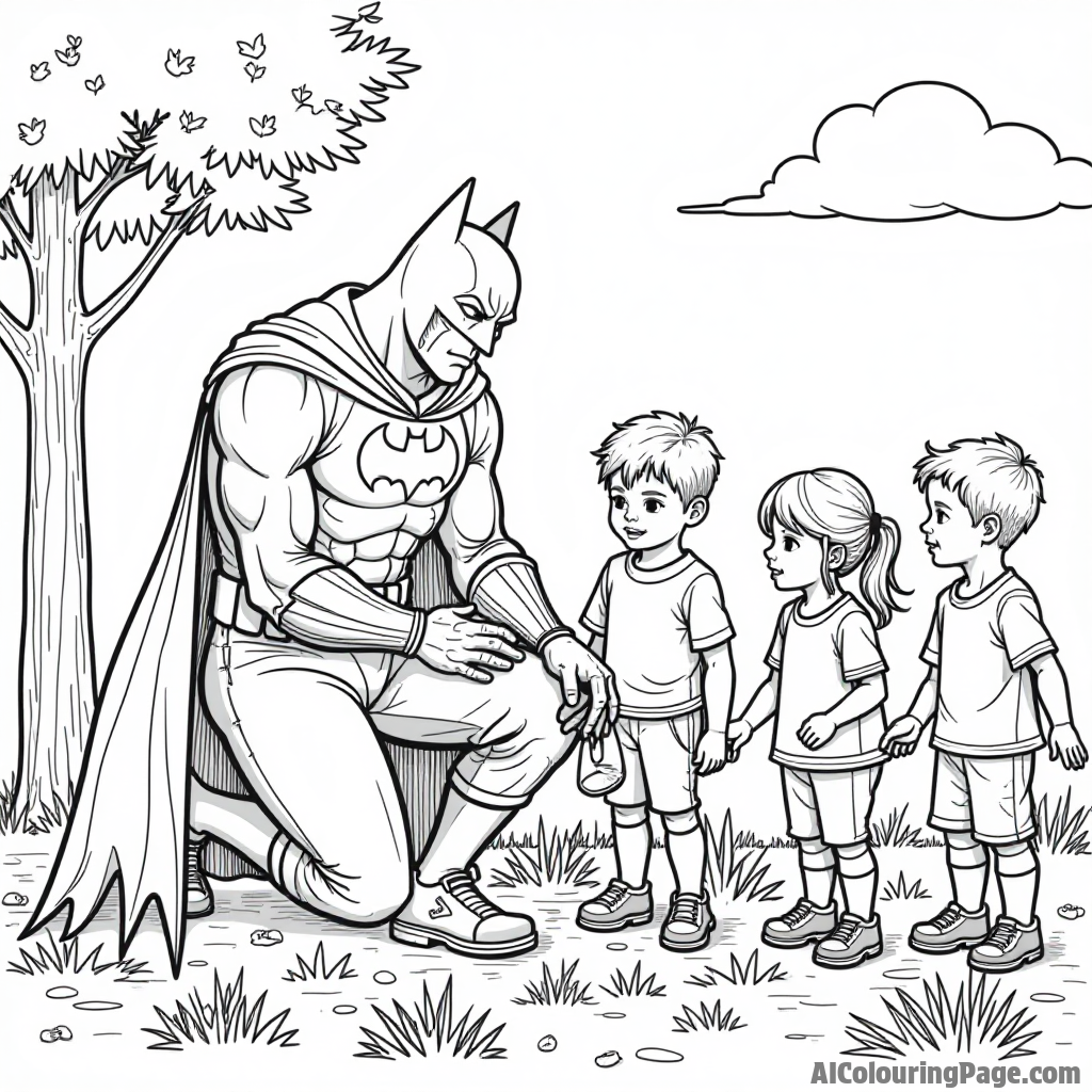 Batman helping a group of children plant trees in a community garden, with gardening tools and flowers nearby.