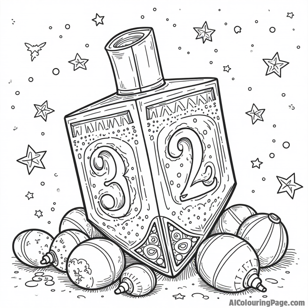 A giant dreidel with intricate designs, surrounded by a backdrop of stars and festive decorations, inviting children to explore their creativity while coloring this Hanukkah image.