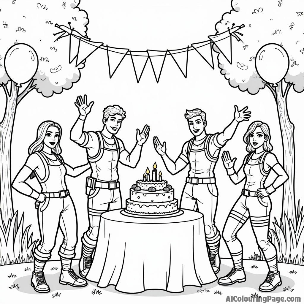 A colorful Fortnite garden party with characters dancing, balloons, and a cake on a table for kids to color