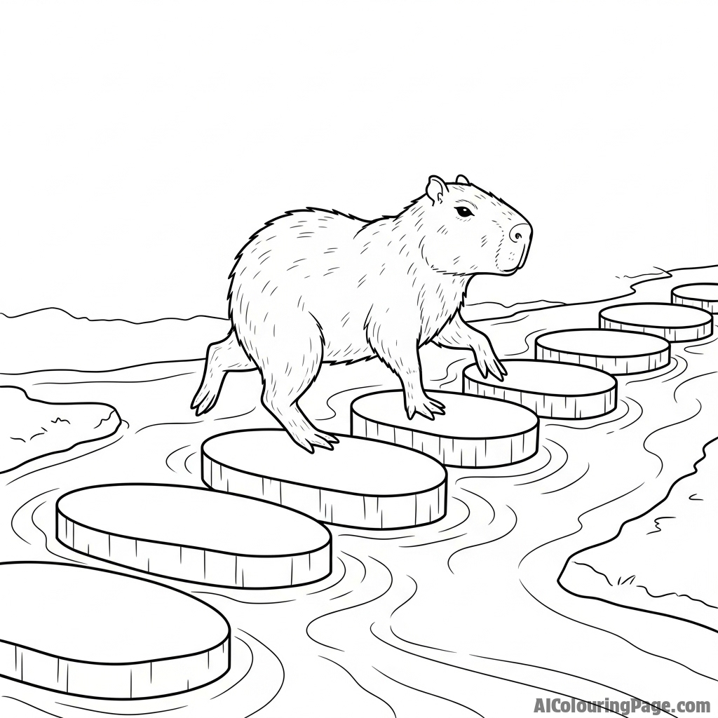 A capybara carefully navigating a path of stepping stones across a stream.
