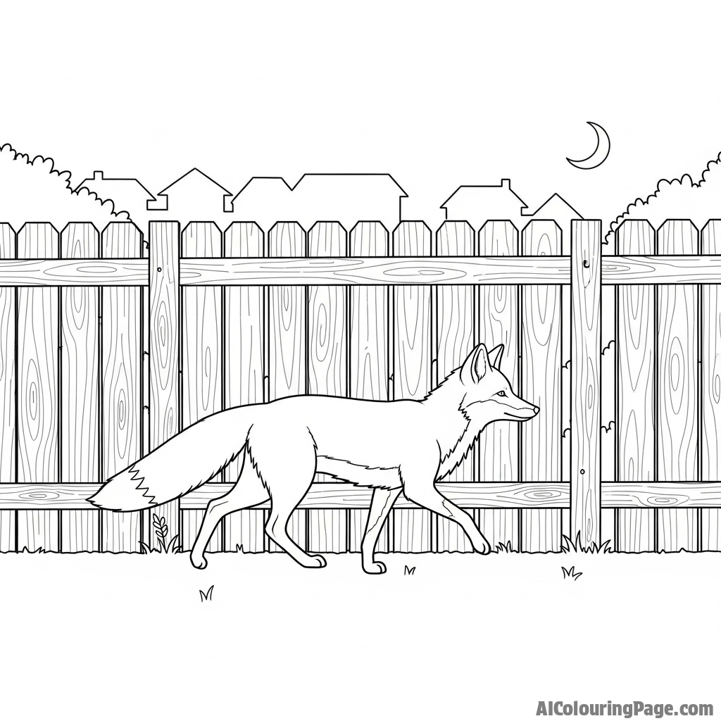 A fox walking along a wooden fence in a quiet suburban backyard at twilight.