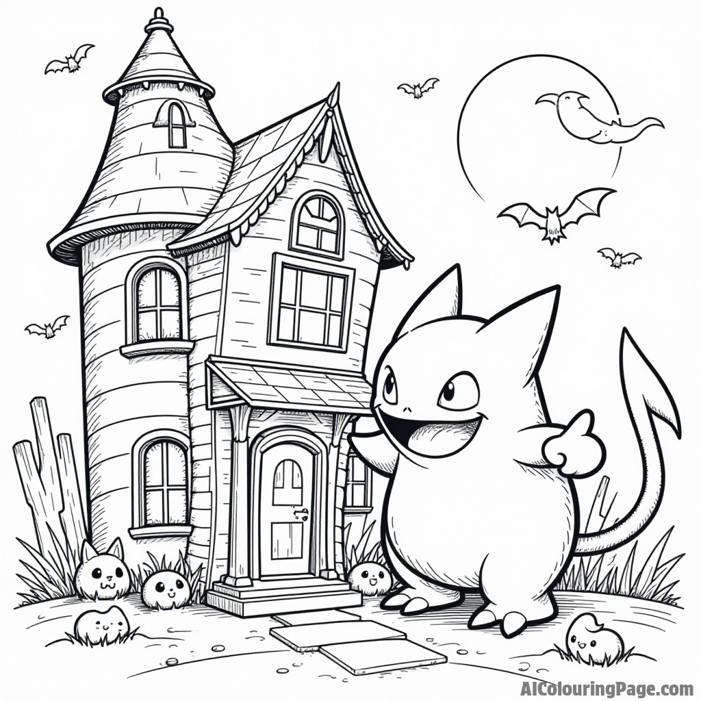 A spirited Gengar playing hide and seek with its friends in a spooky haunted house filled with cobwebs.