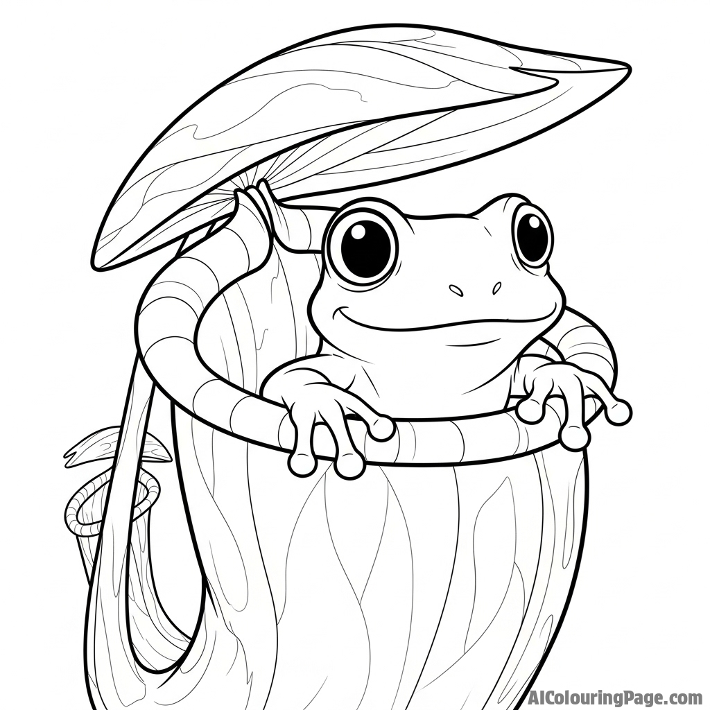 A frog peeking out from inside a pitcher plant.