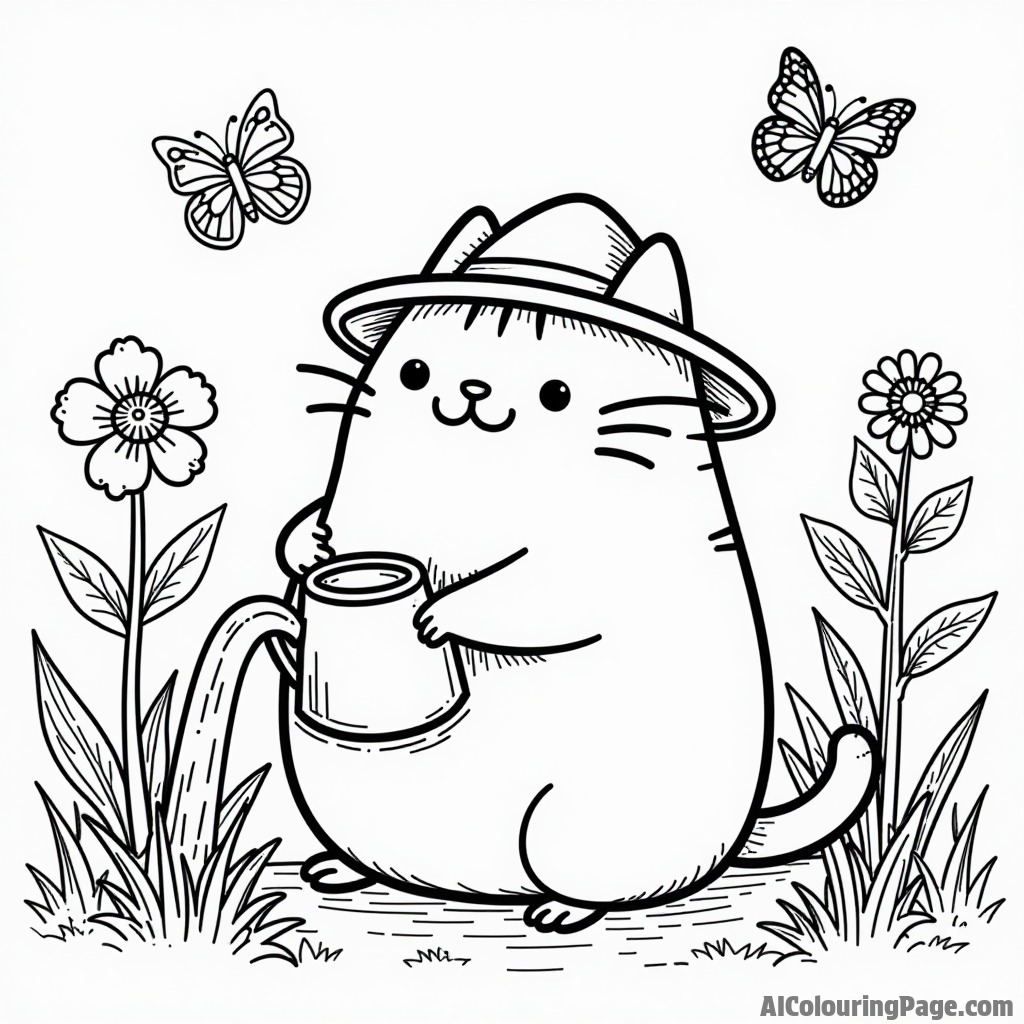 Pusheen in a garden full of butterflies and flowers, wearing a sun hat while watering the plants happily