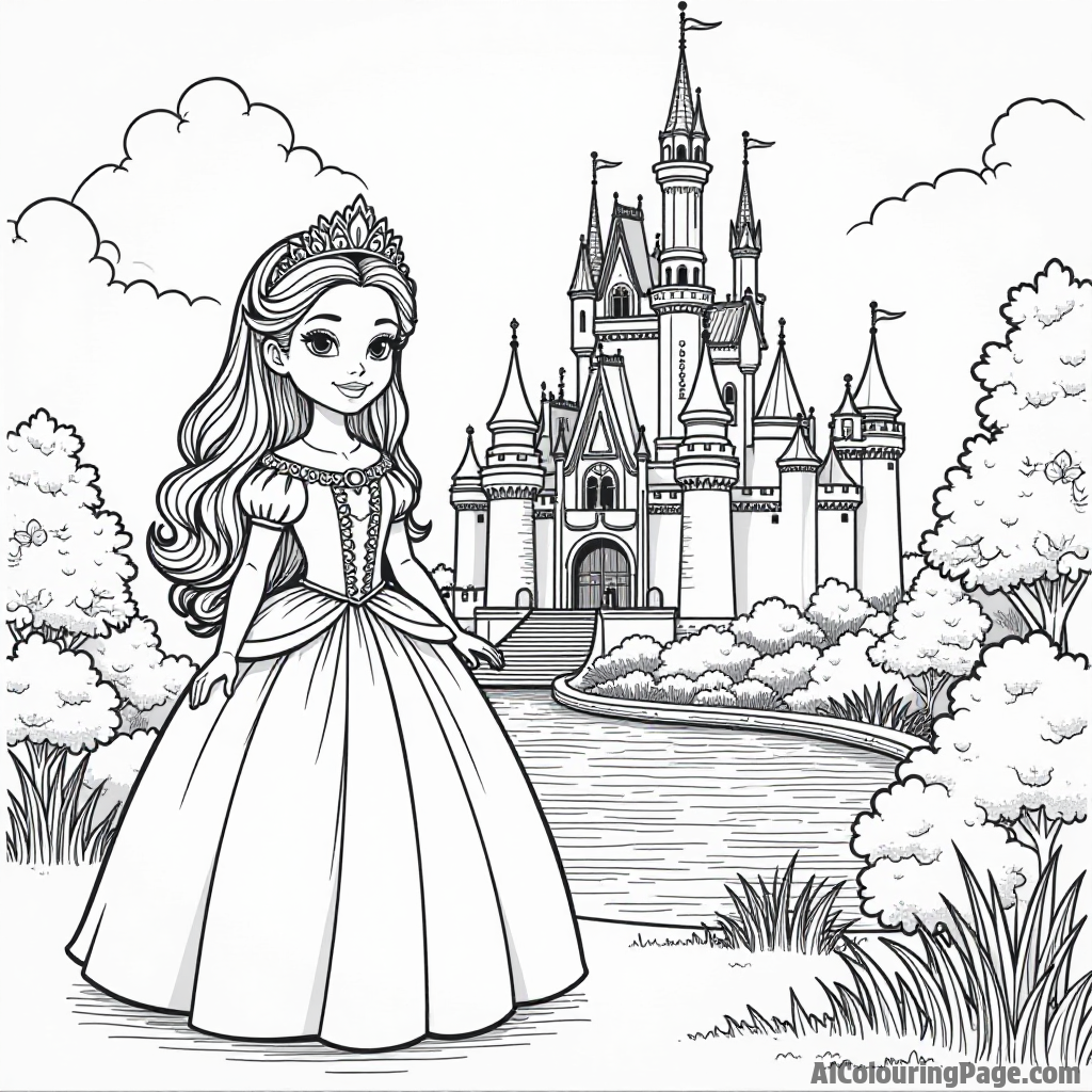 A doll dressed as a princess standing in front of a magnificent castle, with a sparkling moat and lush gardens.