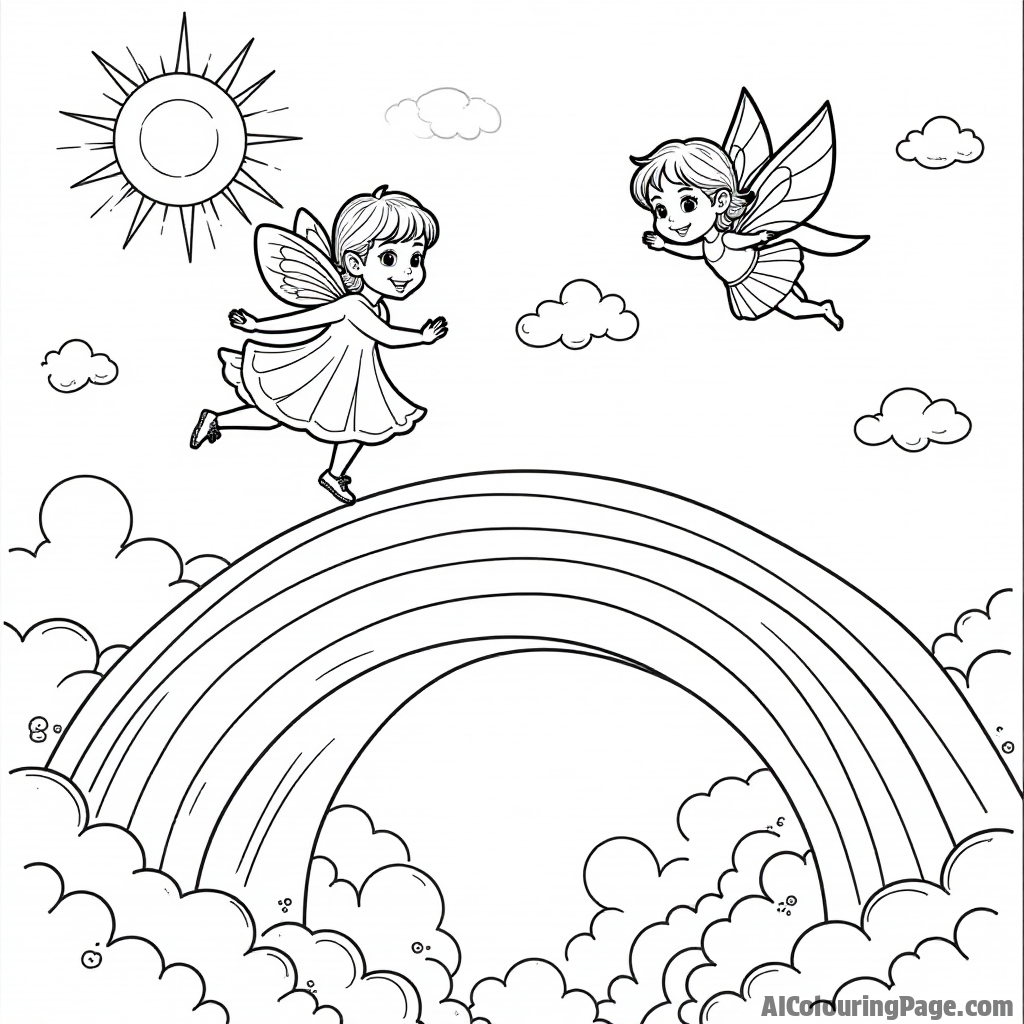 An elf and a fairy flying over a rainbow bridge, with fluffy clouds and a bright sun, offering a cheerful scene for children to color in a magical fantasy theme.