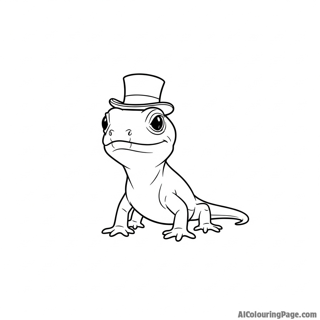 A whimsical illustration of a lizard wearing a tiny top hat.