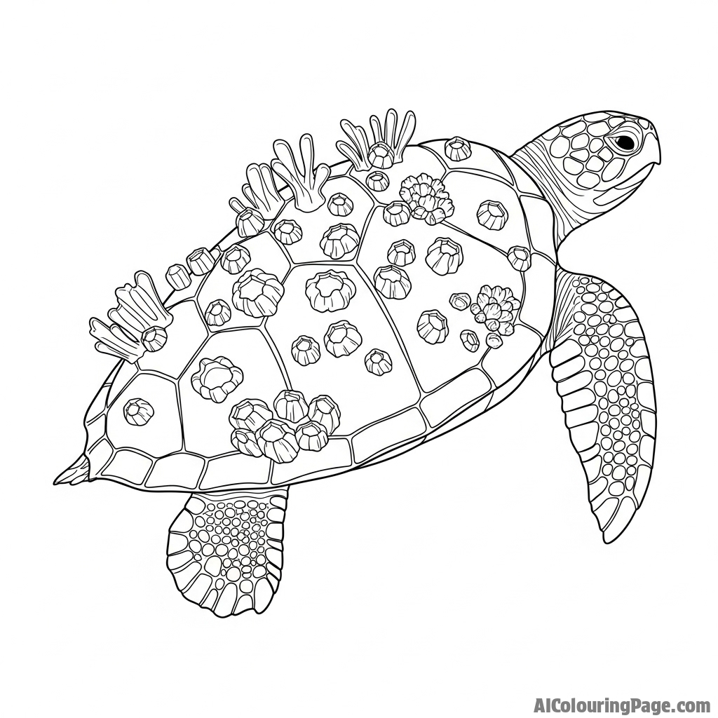 A turtle's shell encrusted with barnacles and sea life.