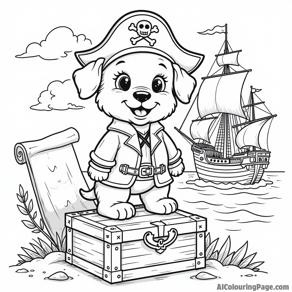 A puppy in a pirate costume standing on a treasure chest, with a map, a parrot, and a ship in the background.