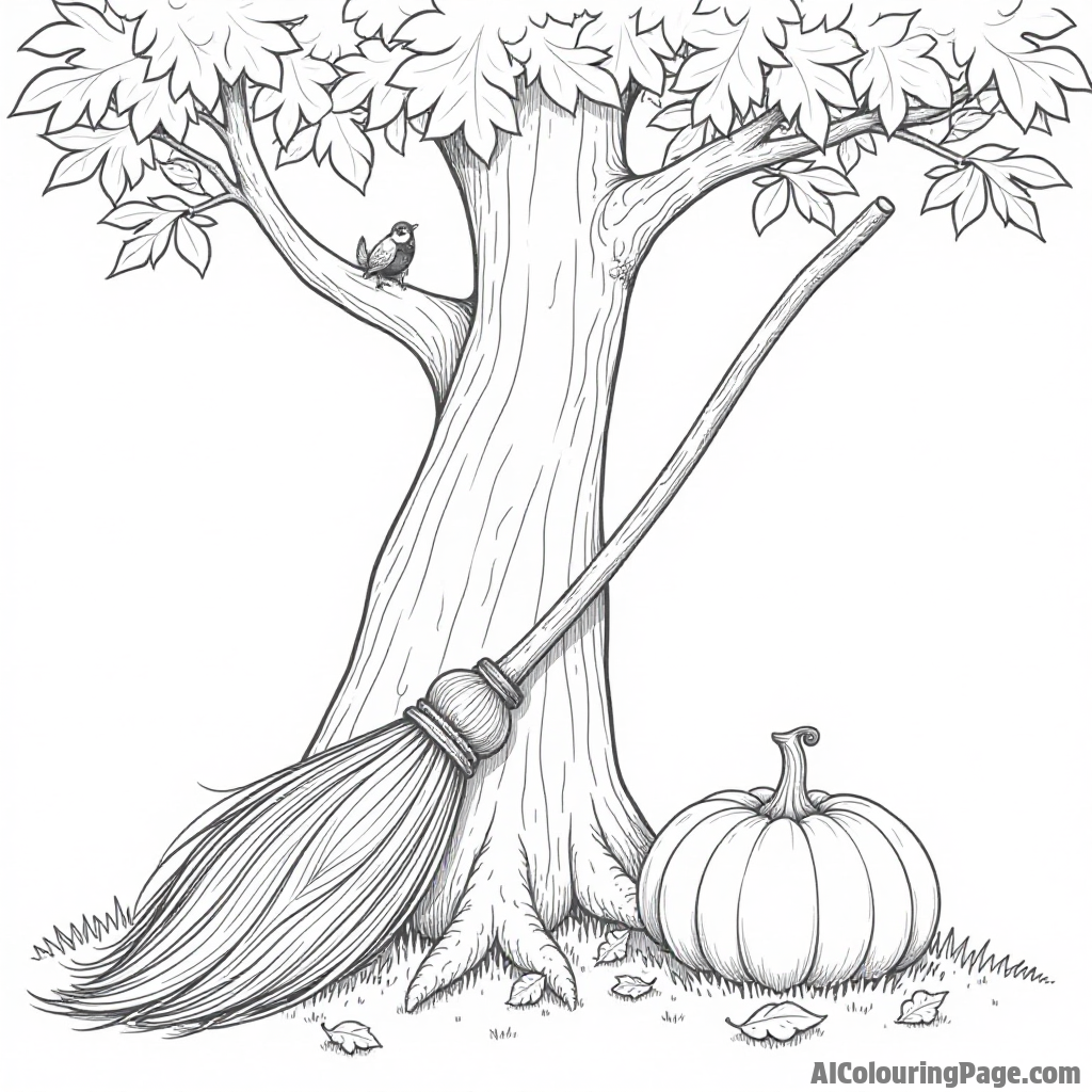 A broomstick leaning against a tree with a pumpkin nearby, surrounded by magical creatures and autumn leaves.