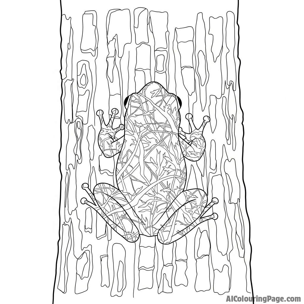 A frog camouflaged almost perfectly against tree bark.