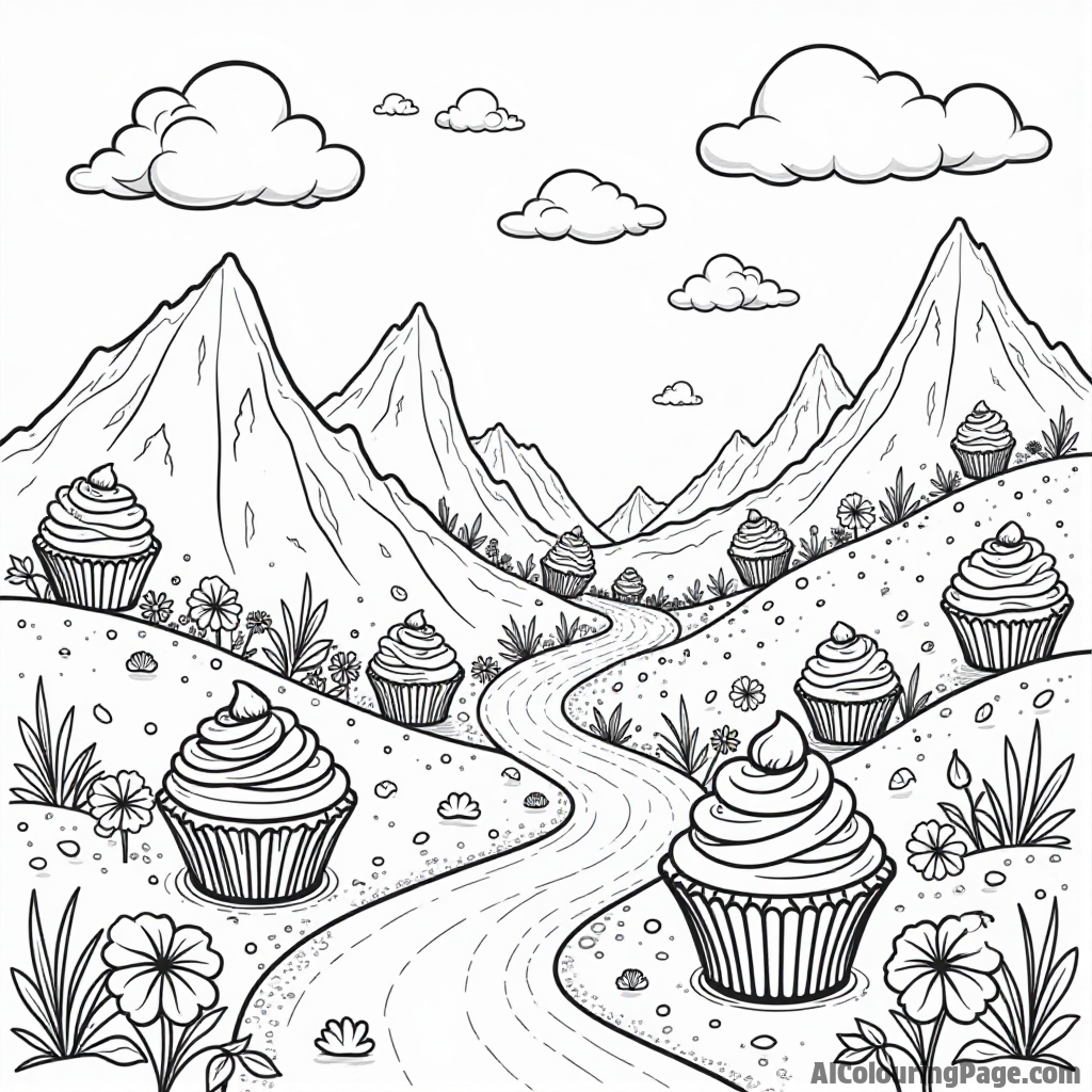 An enchanted cupcake land with rainbow paths, candy mountains, and friendly creatures sharing delicious cupcakes with each other.