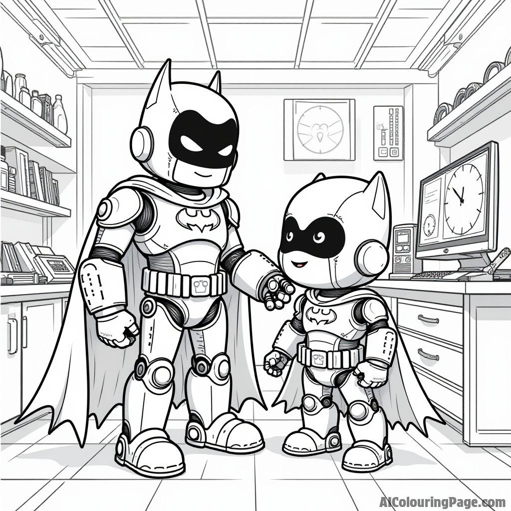 A friendly robot sidekick helping Batman in the Batcave, surrounded by high-tech gadgets and science equipment.