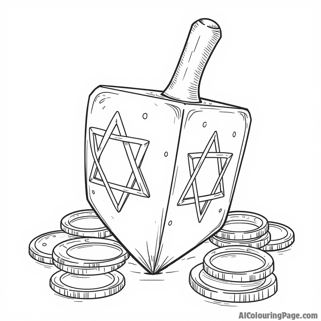 A cheerful dreidel decorated with stars of David, surrounded by gelt coins and a festive tablecloth, ready for children to bring to life with their favorite colors.