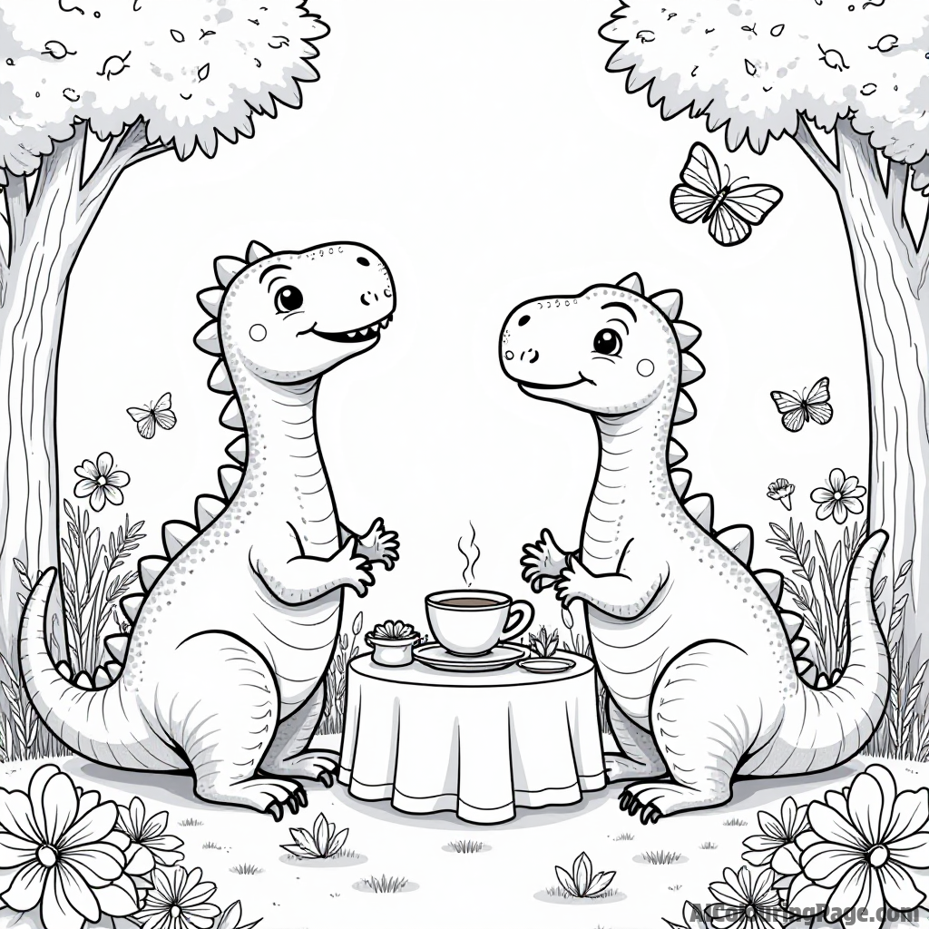 A group of friendly dinosaurs having a tea party in a sunny glade filled with flowers and butterflies.