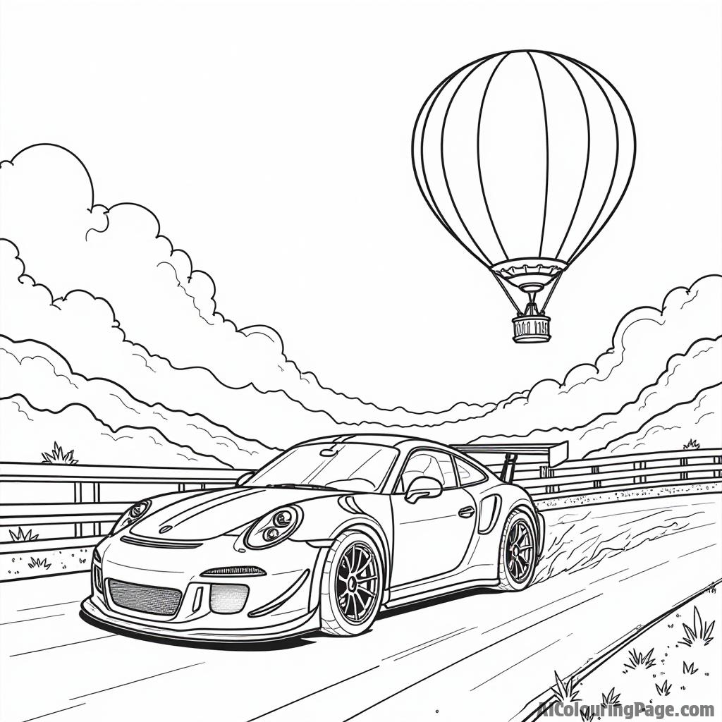 A scene featuring a race car and a hot air balloon in the sky, combining elements of racing and adventure for a unique coloring experience for children.