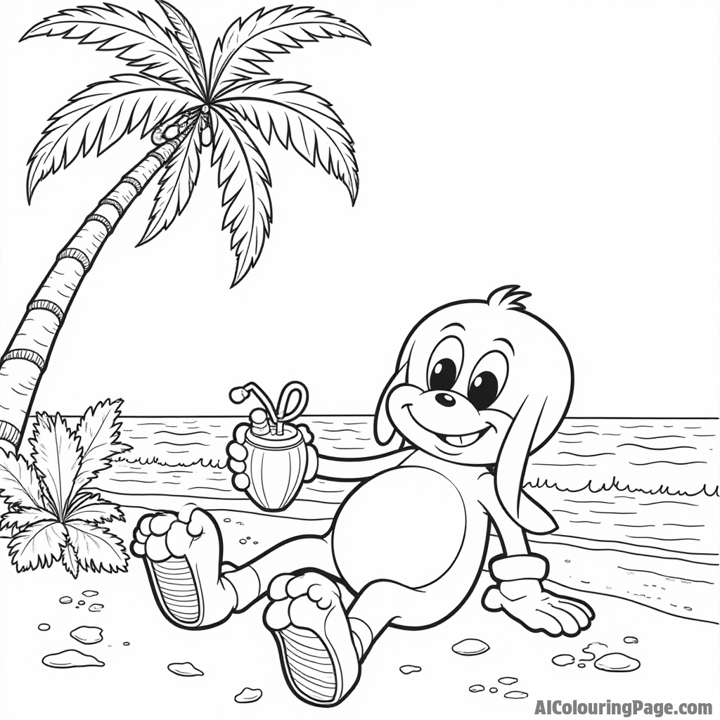 Knuckles lounging under a palm tree on a tropical beach, with a coconut drink in hand and waves gently crashing nearby.