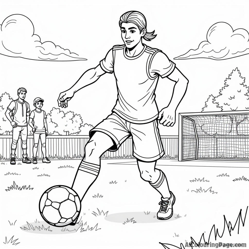 A Fortnite character playing soccer on a field with friends cheering and a goal post in the background for kids to color