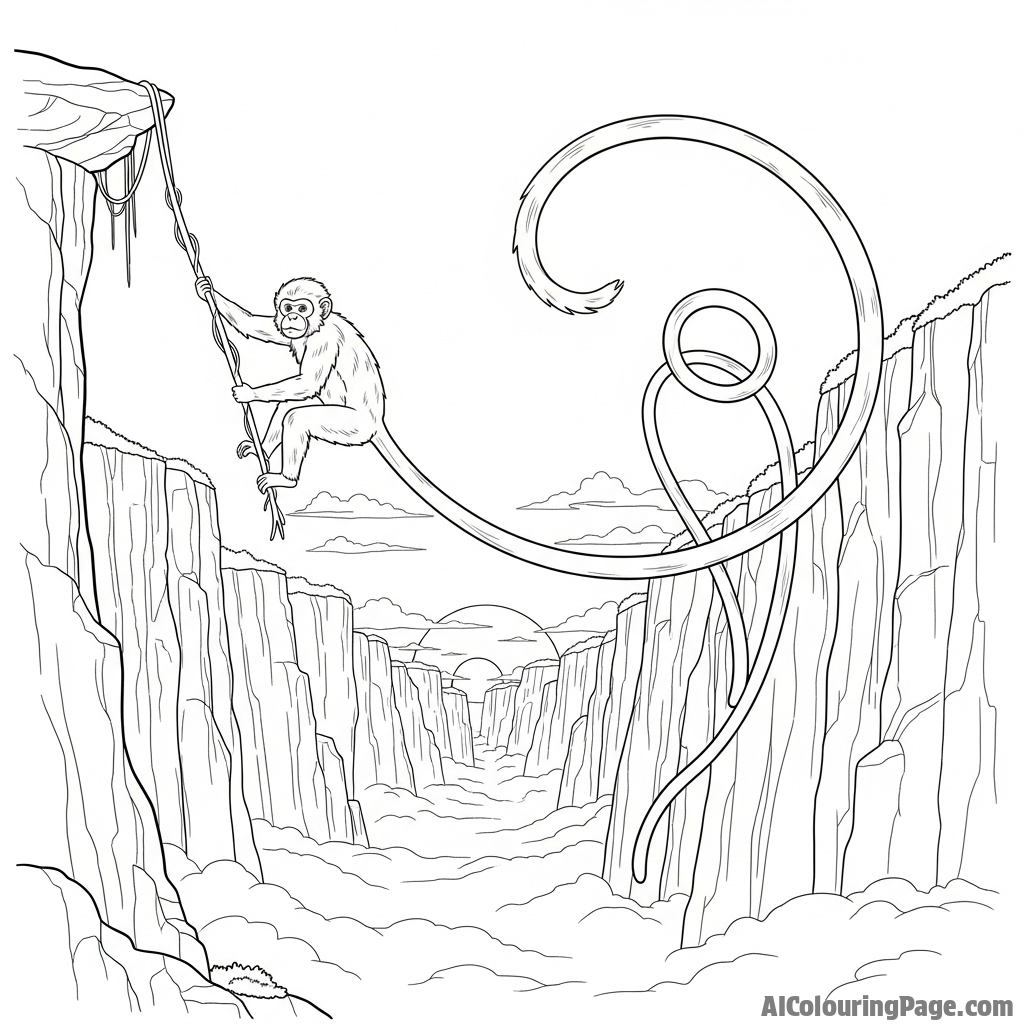 An impossibly long-tailed monkey swinging across a vast, misty canyon.