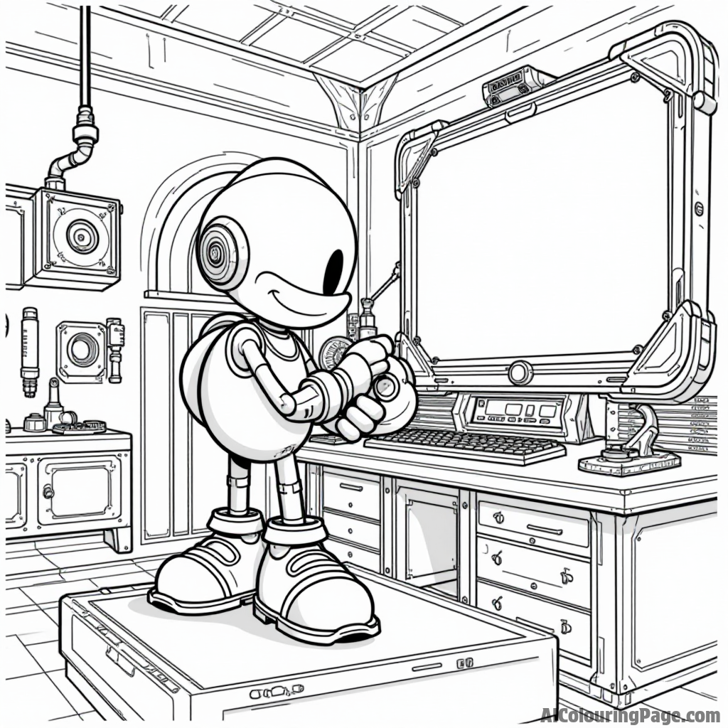 Dr. Eggman creating a robot in his secret lair, surrounded by tools, gears, and a giant screen displaying his evil plans.