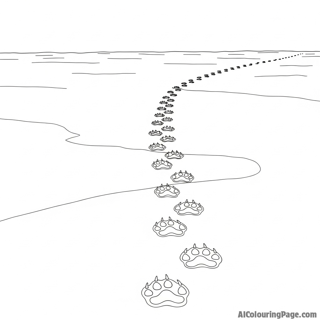 A high-angle view of a polar bear's tracks leading across an endless snowy expanse.