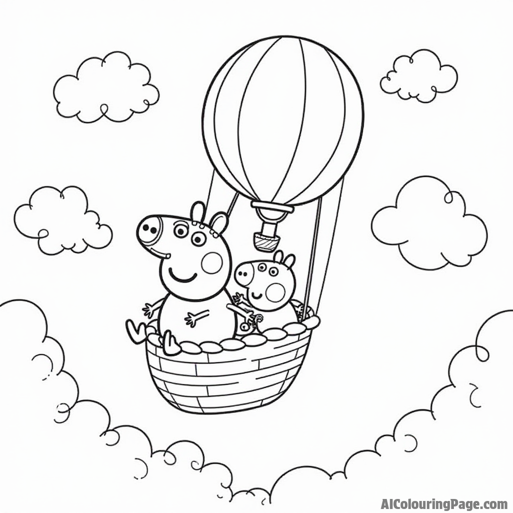 Peppa Pig going on an adventure in a hot air balloon with George Pig, soaring high above the fluffy clouds.