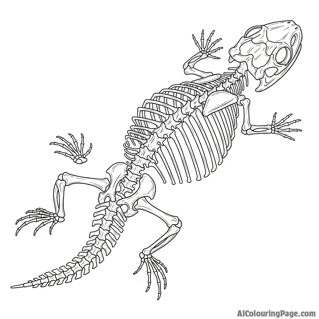 A scientific illustration of a lizard's skeleton, detailed and precise.