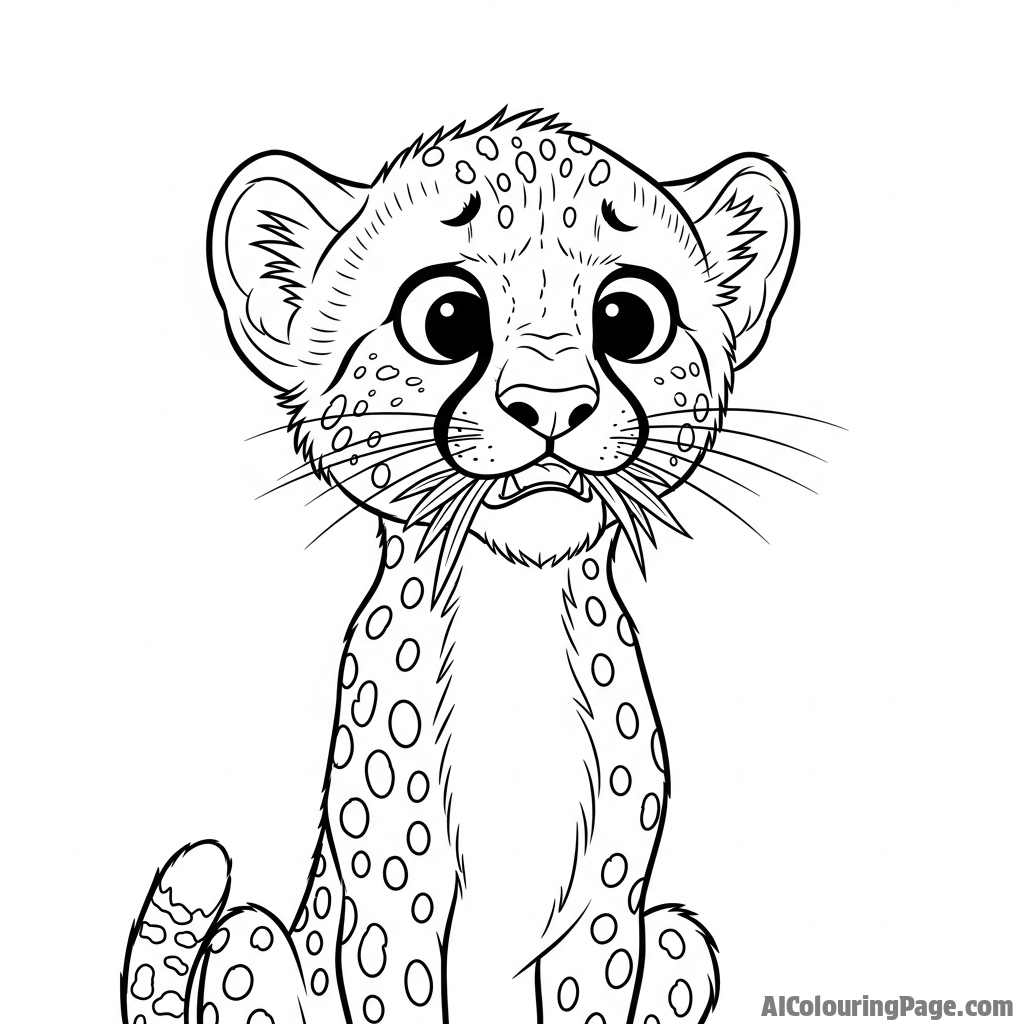 A cheetah cub with a mouthful of grass, looking utterly confused by its own actions.