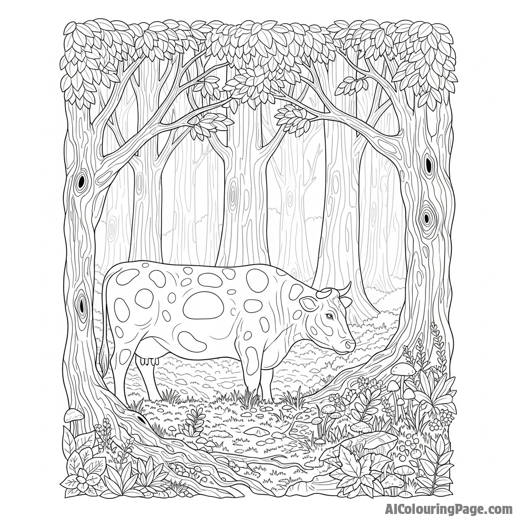 A cow standing quietly in a dense, ancient forest, dappled light on its back.