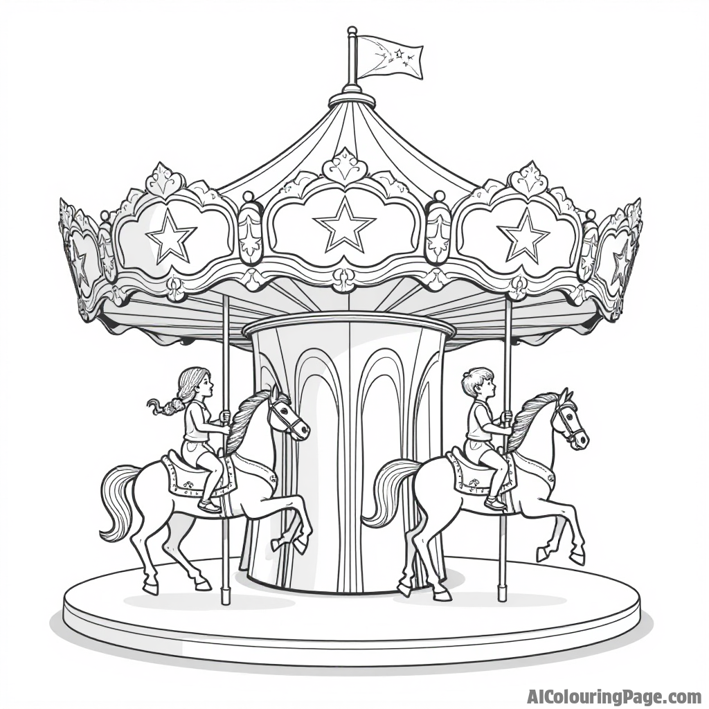 A classic carousel decorated with stars and stripes, with children riding on horses and enjoying the festive atmosphere of the 4th of July celebration.